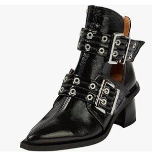 FOWT Black Pointed Toe Chelsea Chunky Heel Hollow Cut Strappy Zipper Ankle Boot
